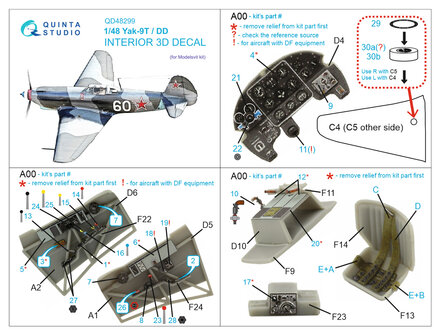 Quinta Studio QD48299 -  Yak-9T/DD  3D-Printed &amp; coloured Interior on decal paper (for Modelsvit kit)  - 1:48