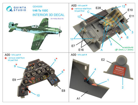 Quinta Studio QD48268 - Ta 152C 3D-Printed &amp; coloured Interior on decal paper (for Hobby Boss kit)  - 1:48