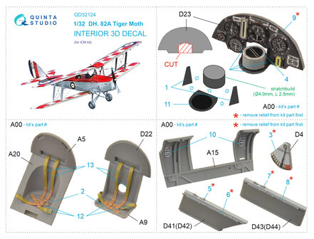 Quinta Studio QD32124 - DH 82A Tiger Moth 3D-Printed &amp; coloured Interior on decal paper (for ICM kit)  - 1:32