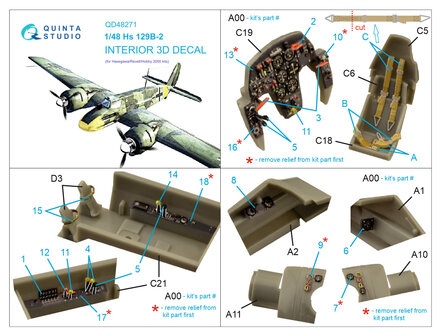 Quinta Studio QD48271 - Hs 129B-2 3D-Printed &amp; coloured Interior on decal paper (for Hasegawa) - 1:48