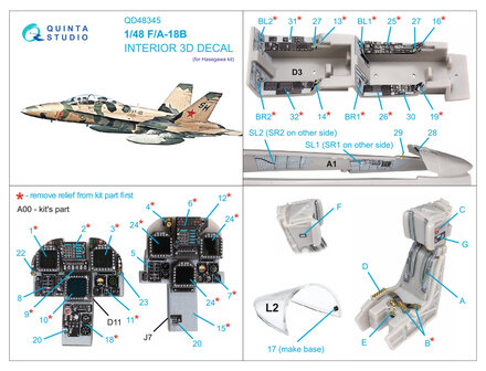 Quinta Studio QD48345 - F/A-18B 3D-Printed &amp; coloured Interior on decal paper (for Hasegawa kit) - 1:48