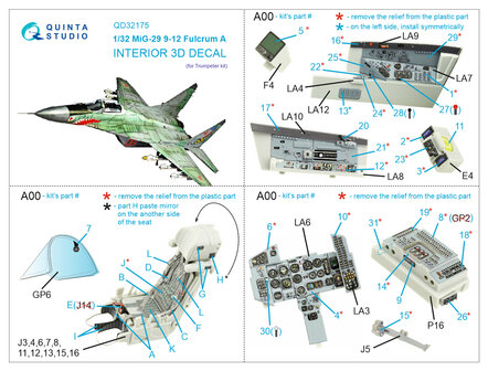 Quinta Studio QD32175 - MiG-29 9-12 Fulcrum A 3D-Printed &amp; coloured Interior on decal paper (for Trumpeter kit) - 1:32