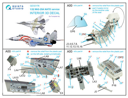 Quinta Studio QD32176 - MiG-29A NATO service 3D-Printed &amp; coloured Interior on decal paper (for Trumpeter kit) - 1:32