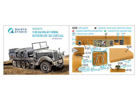 Quinta Studio QD35075 - Sd.Kfz.6-1 BN9b 3D-Printed &amp; coloured Interior on decal paper (for Bronco kit) - 1:35