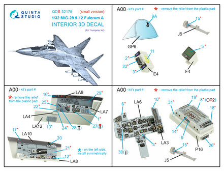 Quinta Studio QDS-32175 - MiG-29 9-12 Fulcrum A 3D-Printed &amp; coloured Interior on decal paper (for Trumpeter kit) - Small Version - 1:32