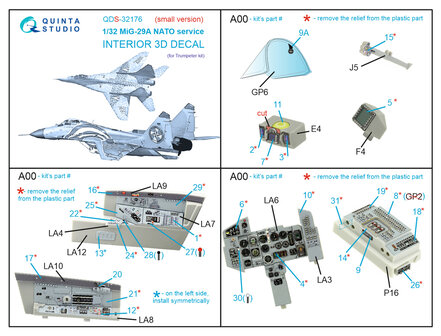 Quinta Studio QDS-32176 - MiG-29A NATO service 3D-Printed &amp; coloured Interior on decal paper (for Trumpeter kit) - Small Version - 1:32