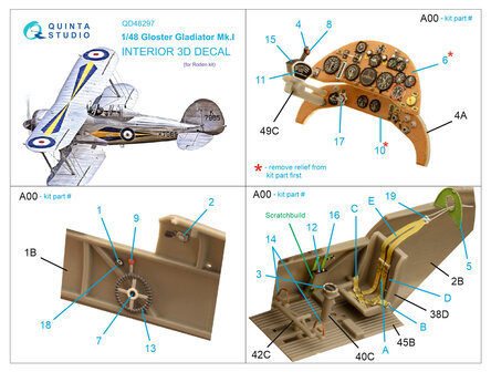 Quinta Studio QD48297 - Gloster Gladiator MKI 3D-Printed &amp; coloured Interior on decal paper (for Roden kit) - 1:48