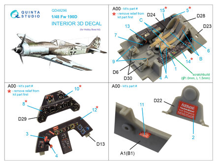 Quinta Studio QD48296 - FW 190D-9 3D-Printed &amp; coloured Interior on decal paper (for HobbyBoss kit) - 1:48