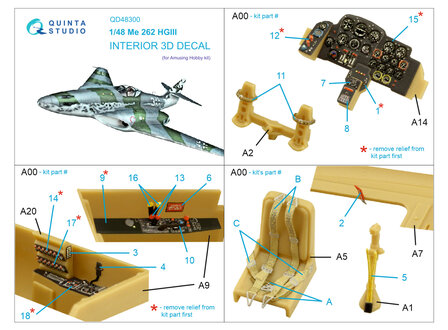 Quinta Studio QD48300 - Me 262 HGIII 3D-Printed &amp; coloured Interior on decal paper (for Amusing Hobby) - 1:48