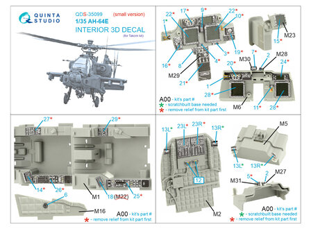 Quinta Studio QDS-35099 - AH-64E 3D-Printed &amp; coloured Interior on decal paper (for Takom kit) - Small Version - 1:35