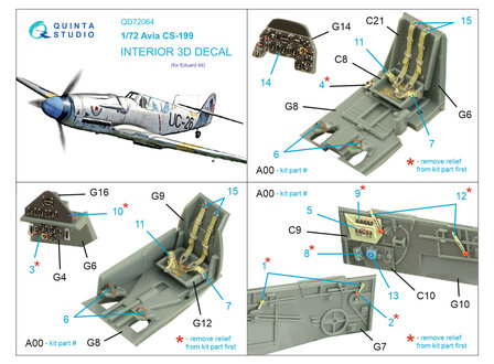 Quinta Studio QD72064 - Avia CS-199 3D-Printed &amp; coloured Interior on decal paper (for Eduard kit) - 1:72