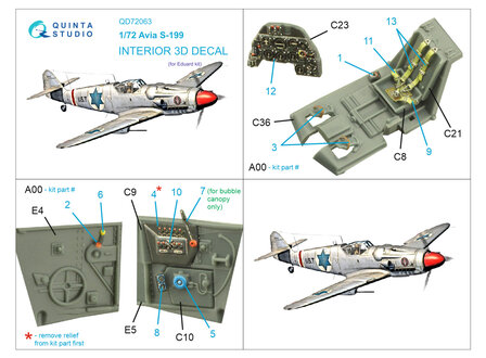 Quinta Studio QD72063 - Avia S-199 3D-Printed &amp; coloured Interior on decal paper (for Eduard kit) - 1:72