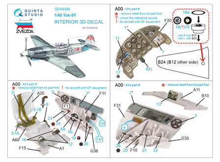 Quinta Studio QD48398 -  Yak-9T  3D-Printed &amp; coloured Interior on decal paper (for Zvezda kit) - 1:48