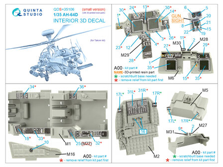 Quinta Studio QDS+35106 - AH-64D 3D-Printed &amp; coloured Interior on decal paper (Takom)  (with 3D-printed resin parts) - Small Version - 1:35