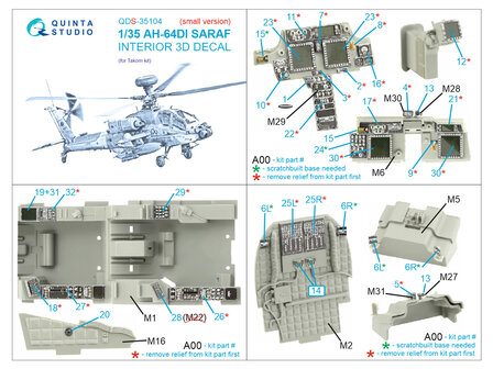 Quinta Studio QDS-35104 - AH-64DI Saraf 3D-Printed &amp; coloured Interior on decal paper (for Takom) - Small Version - 1:35