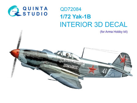 Quinta Studio QD72084 - Yak-1B 3D-Printed &amp; coloured Interior on decal paper (for Arma Hobby) - 1:72