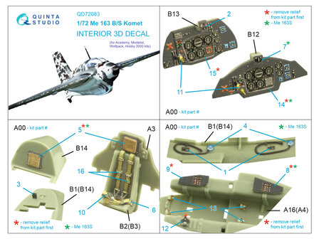 Quinta Studio QD72083 - Me 163 3D-Printed &amp; coloured Interior on decal paper (for Academy) - 1:72