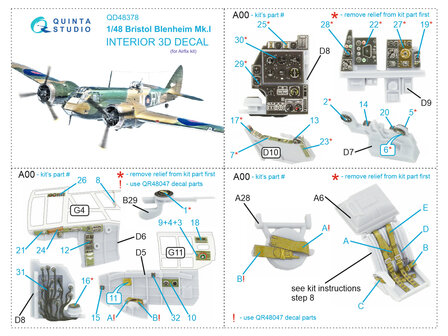 Quinta Studio QD48378 - Bristol Blenheim Mk.I 3D-Printed &amp; coloured Interior on decal paper (for Airfix kit) - 1:48