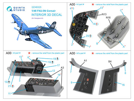 Quinta Studio QD48325 - F4U-5N 3D-Printed &amp; coloured Interior on decal paper (for Hasegawa kit) - 1:48