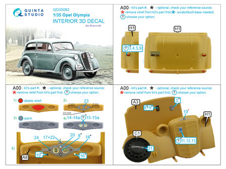 Quinta Studio QD35082 - 1937 Opel Olympia 3D-Printed &amp; coloured Interior on decal paper (for Bronco kit) - 1:35