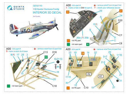 Quinta Studio QD32140 - Hawker Hurricane Family 3D-Printed &amp; coloured Interior on decal paper (for Fly) - 1:32