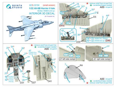 Quinta Studio QDS-32194 - AV-8B Harrier II late 3D-Printed &amp; coloured Interior on decal paper (for Trumpeter) - Small Version - 1:32