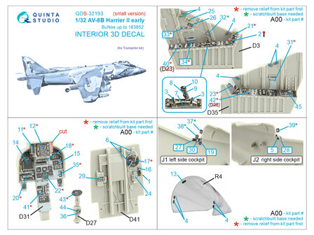 Quinta Studio QDS-32193 - AV-8B Harrier II early 3D-Printed &amp; coloured Interior on decal paper (for Trumpeter) - Small Version - 1:32