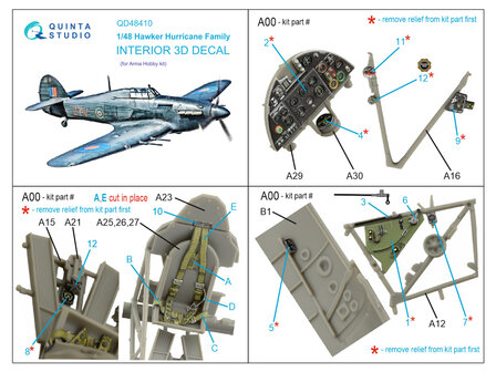 Quinta Studio QD48410 - Hurricane family 3D-Printed &amp; coloured Interior on decal paper (for Arma Hobby) - 1:48