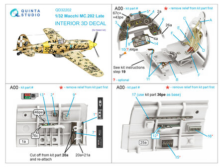 Quinta Studio QD32202 - Macchi MC.202 Folgore Late 3D-Printed &amp; coloured Interior on decal paper (for Italeri kit) - 1:32