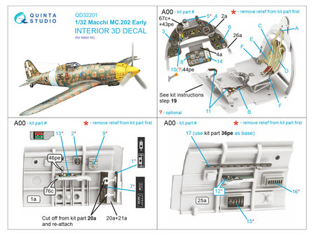 Quinta Studio QD32201 - Macchi MC.202 Folgore Early 3D-Printed &amp; coloured Interior on decal paper (for Italeri kit) - 1:32