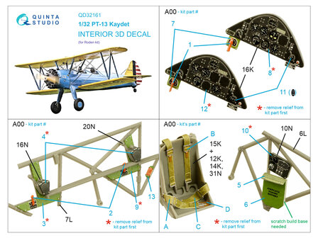 Quinta Studio QD32161 - PT-13 Kaydet 3D-Printed &amp; coloured Interior on decal paper (for Roden kit) - 1:32