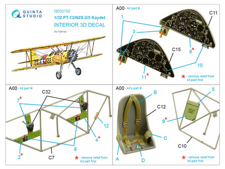 Quinta Studio QD32152 - PT-13/N2S-2/5 Kaydet 3D-Printed &amp; coloured Interior on decal paper (for ICM kit) - 1:32