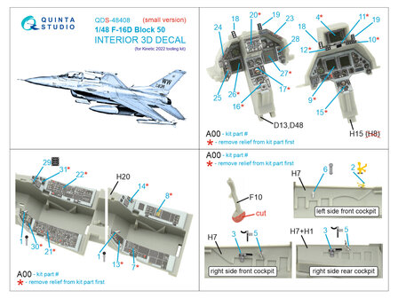 Quinta Studio QDS-48408 - F-16D block 50 3D-Printed &amp; coloured Interior on decal paper (for Kinetic 2022 tool) - Small Version - 1:48