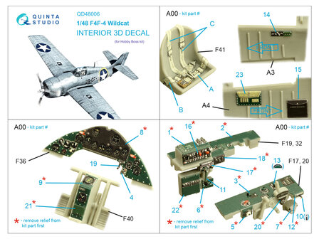 Quinta Studio QD48006 - F4F-4 Wildcat 3D-Printed &amp; coloured Interior on decal paper (for HobbyBoss kit) - 1:48