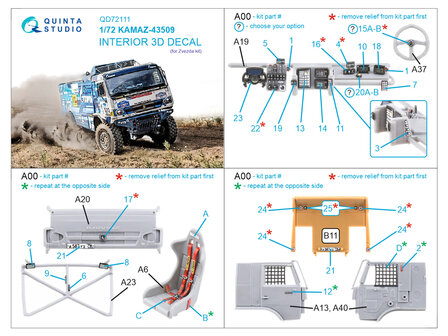 Quinta Studio QD72111 - KAMAZ-43509 3D-Printed &amp; coloured Interior on decal paper (for Zvezda kit) - 1:72