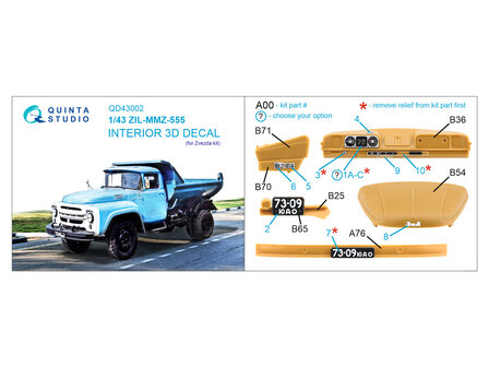 Quinta Studio QD43002 - ZIL-MMZ-555 3D-Printed &amp; coloured Interior on decal paper (for Zvezda kit) - 1:43