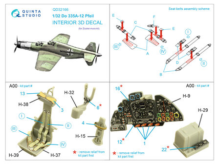 Quinta Studio QD32166 - Do 335A-12 3D-Printed &amp; coloured Interior on decal paper (for Zoukei-mura kit) - 1:32