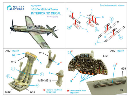 Quinta Studio QD32160 - Do 335A-10 3D-Printed &amp; coloured Interior on decal paper (for HK models kit) - 1:32