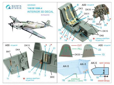 Quinta Studio QD48420 - Bf 109K-4 3D-Printed &amp; coloured Interior on decal paper (for Eduard kit) - 1:48