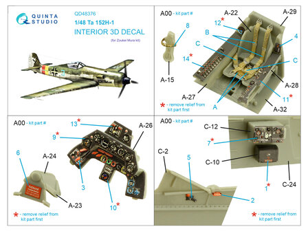 Quinta Studio QD48376 - Ta 152H 3D-Printed &amp; coloured Interior on decal paper (for Zoukei Mura kit) - 1:48