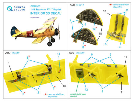 Quinta Studio QD48360 - Stearman Pt-17 Kaydet 3D-Printed &amp; coloured Interior on decal paper (for Revell kit) - 1:48