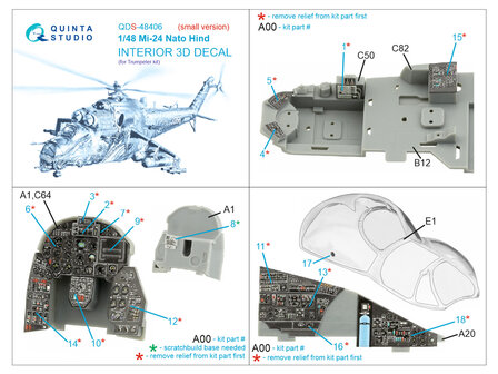 Quinta Studio QDS-48406 - Mi-24 Nato Hind 3D-Printed &amp; coloured Interior on decal paper (for Trumpeter kit) - Small Version - 1:48