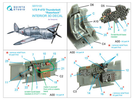 Quinta Studio QD72122 - P-47D Thunderbolt Razorback 3D-Printed &amp; coloured Interior on decal paper (for Tamiya kit) - 1:72