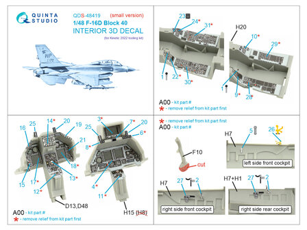 Quinta Studio QDS-48419 - F-16D block 40 3D-Printed &amp; coloured Interior on decal paper (for Kinetic 2022 tool kit) - 1:48