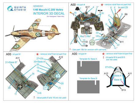 Quinta Studio QD48391 - Macchi C.205 Veltro 3D-Printed &amp; coloured Interior on decal paper (for Hasegawa/Italeri kit) - 1:48