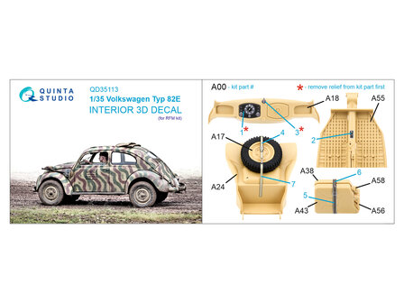 Quinta Studio QD35113 - Volkswagen Typ 82E 3D-Printed &amp; coloured Interior on decal paper (for RFM kit) - 1:35