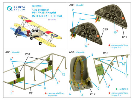 Quinta Studio QD32153 - Pt-17/N2S-3 Kaydet 3D-Printed &amp; coloured Interior on decal paper (for ICM kit) - 1:32