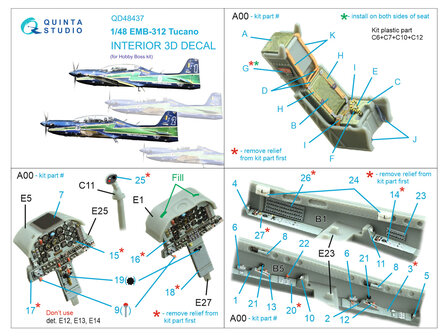 Quinta Studio QD48437 - EMB-312 Tucano 3D-Printed &amp; coloured Interior on decal paper (for Hobby Boss kit) - 1:48