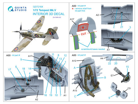 Quinta Studio QD72164 -  Tempest Mk.V 3D-Printed &amp; coloured Interior on decal paper (Airfix) - 1:72