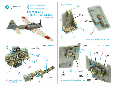 Quinta Studio QD72163 -  A6M2 Zero (Nakajima Prod.) 3D-Printed &amp; coloured Interior on decal paper (Tamiya) - 1:72